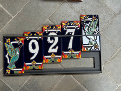 Custom Tile Address Sign with Talavera design, Hummingbird End Caps, Dark Blue Background, and White Numbers