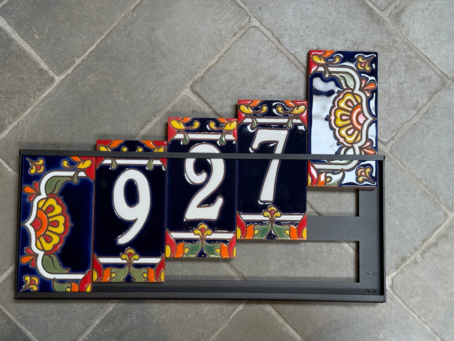 Custom Tile House Numbers with Talavera End Caps, Dark Blue Background, and White Numbers