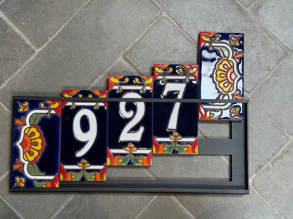Custom Tile House Numbers with Talavera End Caps, Dark Blue Background, and White Numbers