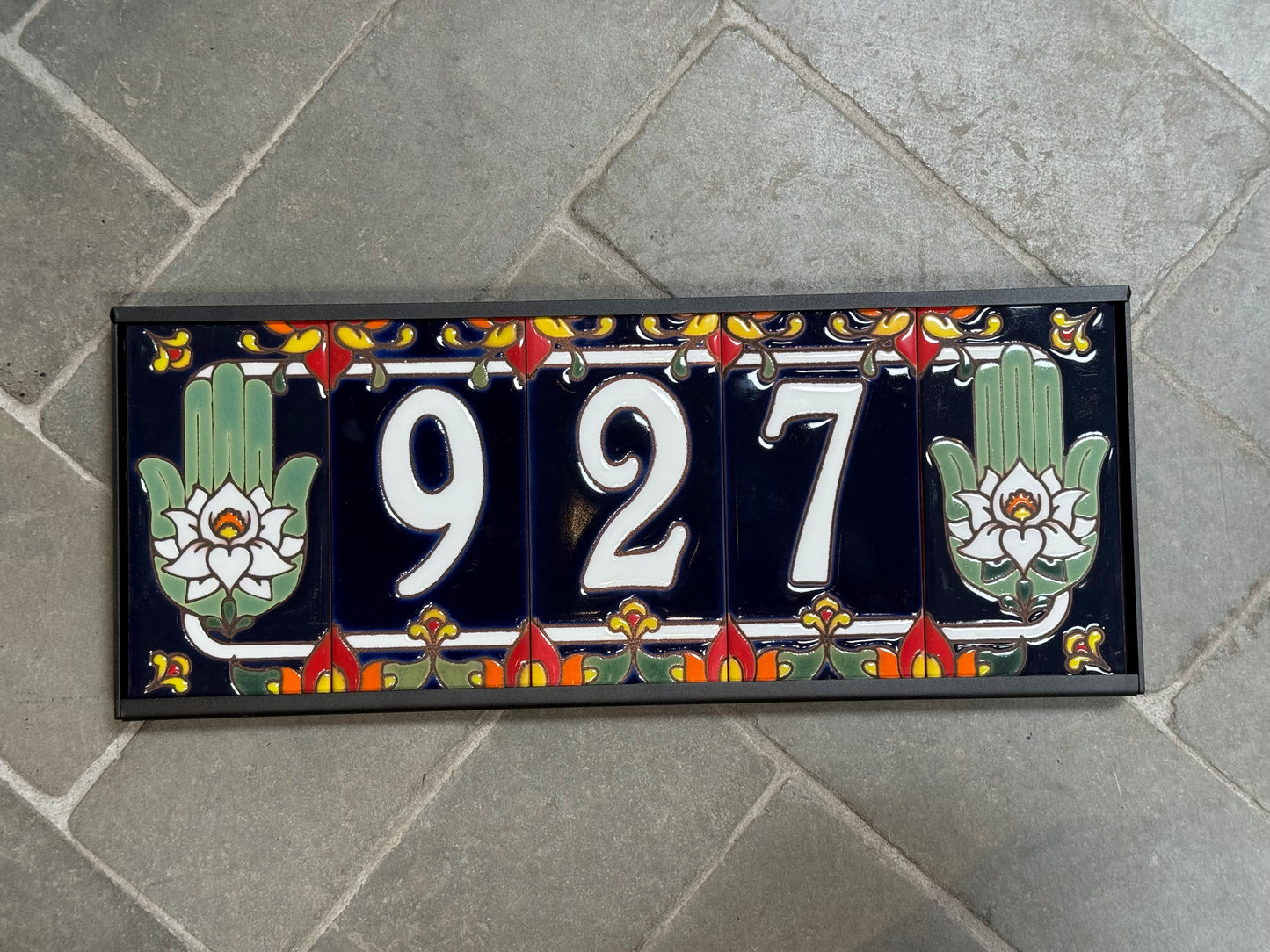Custom Tile House Numbers with Hamsa Hand End Caps, Blue Background, and White Numbers