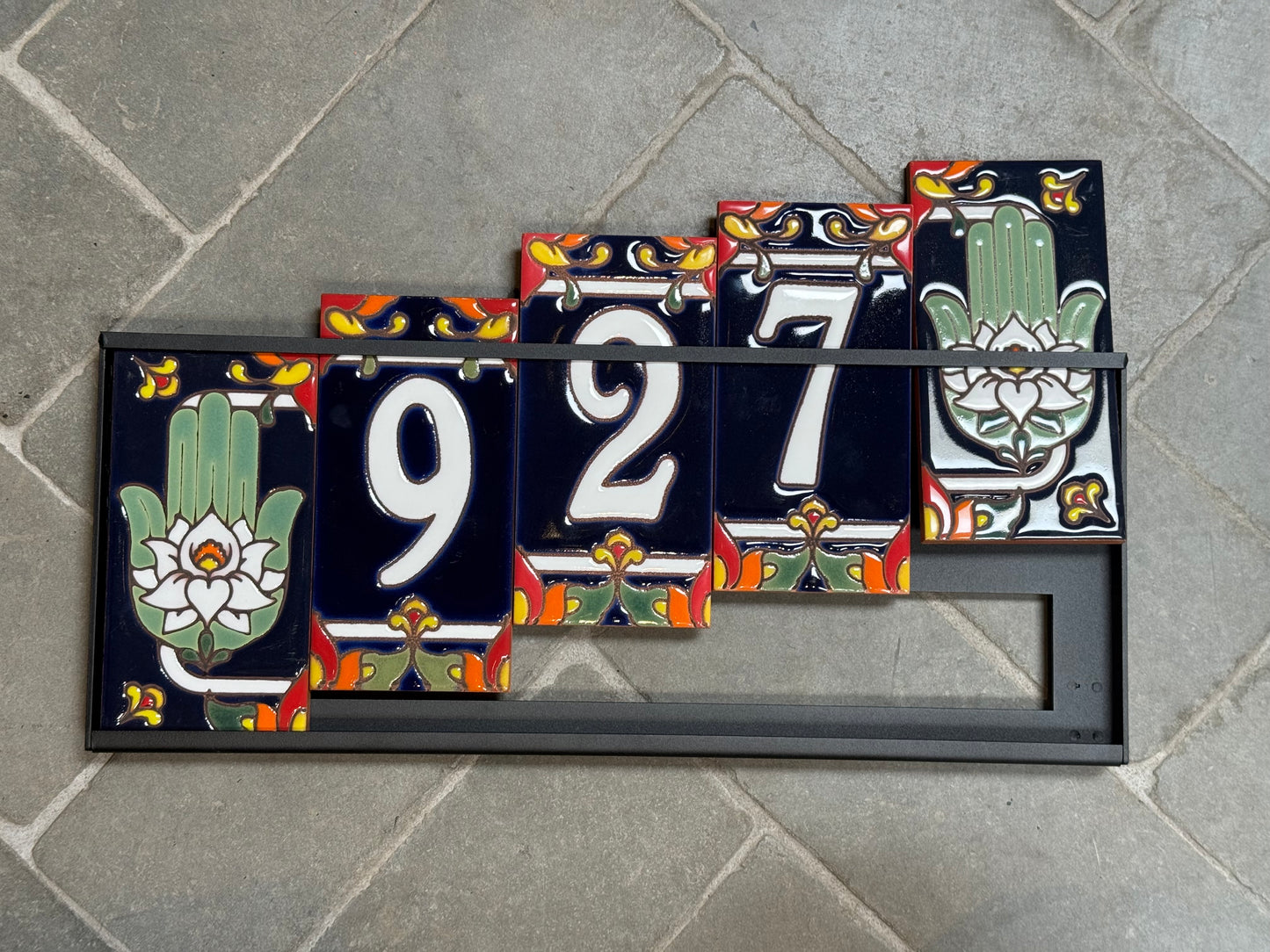 Custom Tile House Numbers with Hamsa Hand End Caps, Blue Background, and White Numbers