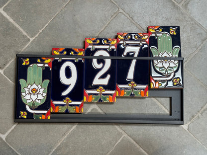 Custom Tile House Numbers with Hamsa Hand End Caps, Blue Background, and White Numbers
