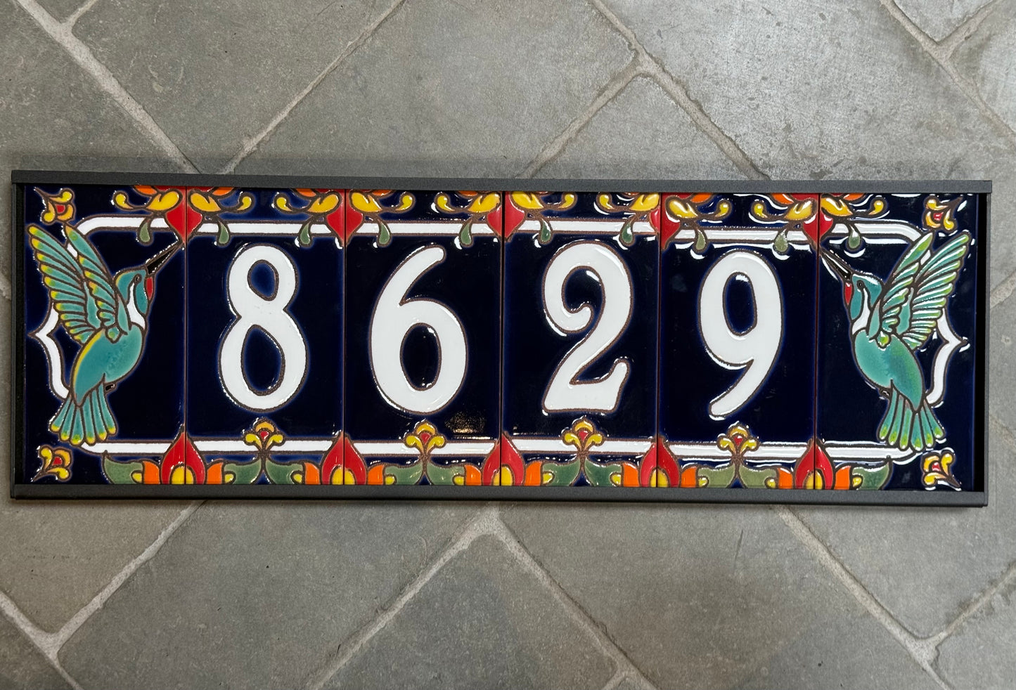 Custom Tile Address Sign with Talavera design, Hummingbird End Caps, Dark Blue Background, and White Numbers