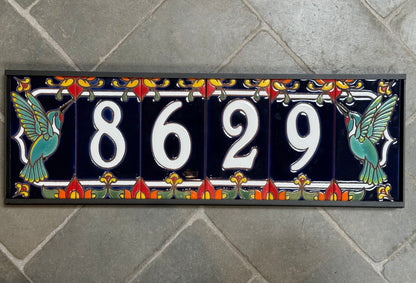 Custom Tile Address Sign with Talavera design, Hummingbird End Caps, Dark Blue Background, and White Numbers