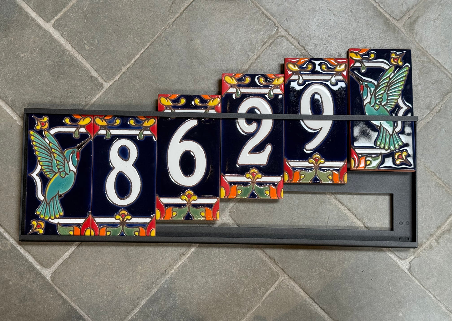 Custom Tile Address Sign with Talavera design, Hummingbird End Caps, Dark Blue Background, and White Numbers