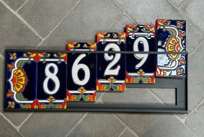 Custom Tile House Numbers with Talavera End Caps, Dark Blue Background, and White Numbers