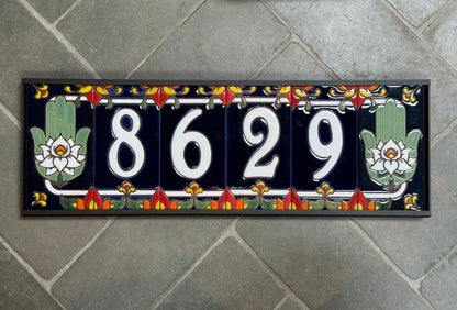 Custom Tile House Numbers with Hamsa Hand End Caps, Blue Background, and White Numbers
