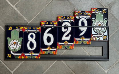 Custom Tile House Numbers with Hamsa Hand End Caps, Blue Background, and White Numbers