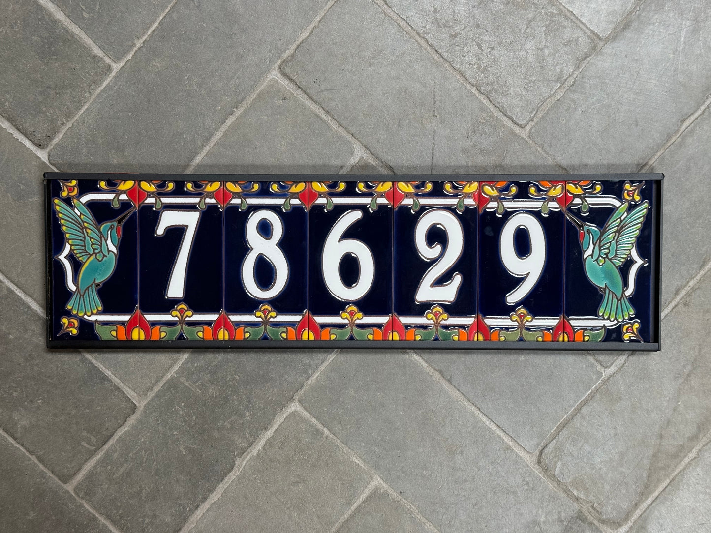 Custom Tile Address Sign with Talavera design, Hummingbird End Caps, Dark Blue Background, and White Numbers