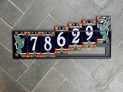 Custom Tile Address Sign with Talavera design, Hummingbird End Caps, Dark Blue Background, and White Numbers