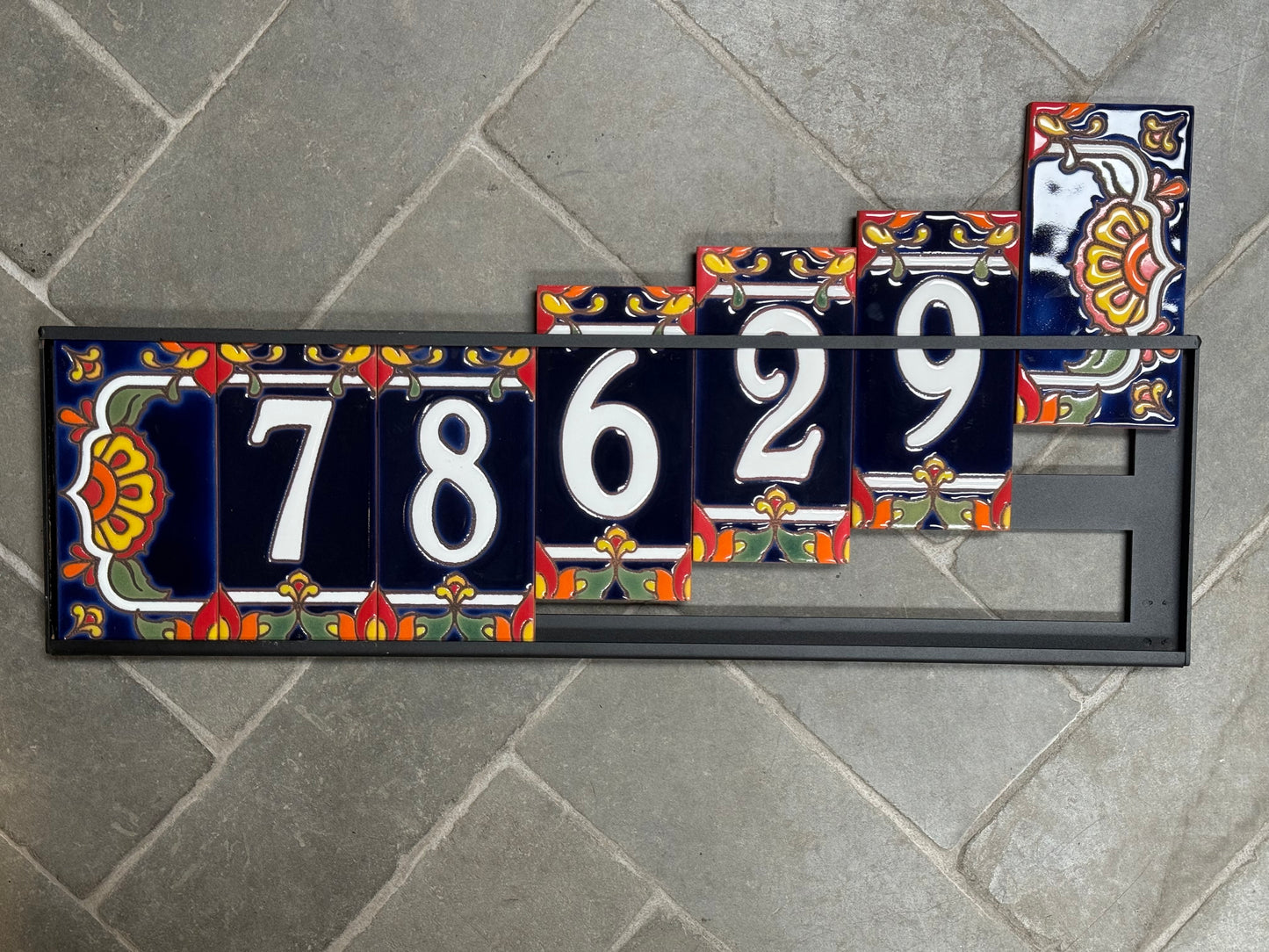 Custom Tile House Numbers with Talavera End Caps, Dark Blue Background, and White Numbers