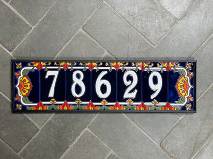 Custom Tile House Numbers with Talavera End Caps, Dark Blue Background, and White Numbers