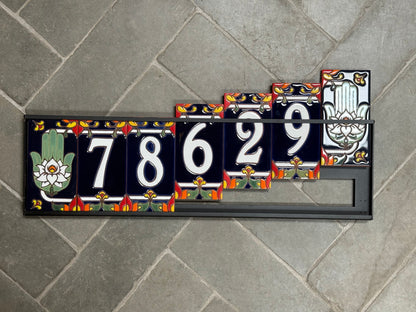 Custom Tile House Numbers with Hamsa Hand End Caps, Blue Background, and White Numbers