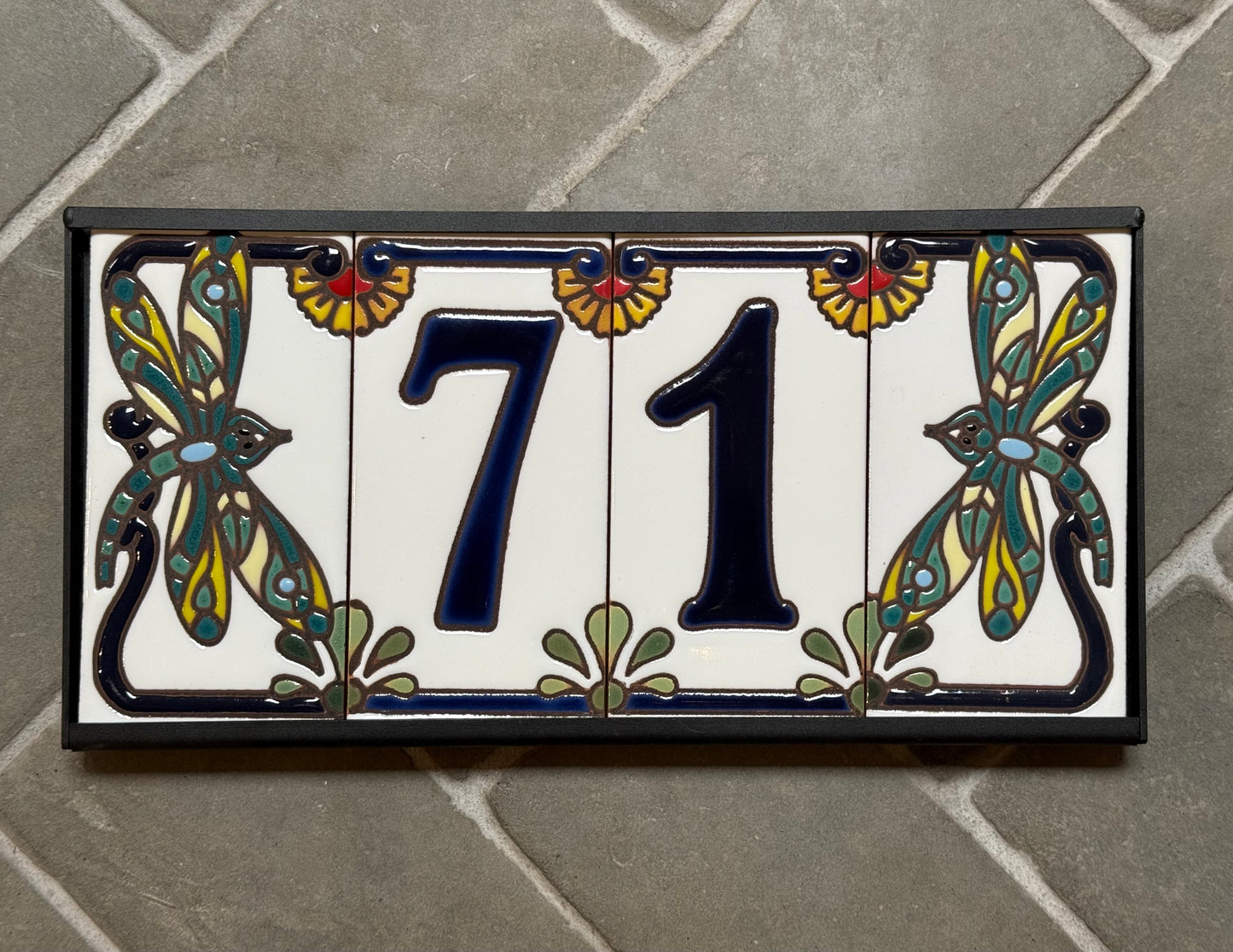 Custom Tile House Numbers with Dragonfly End Caps, White Ceramic Background, and Blue Numbers