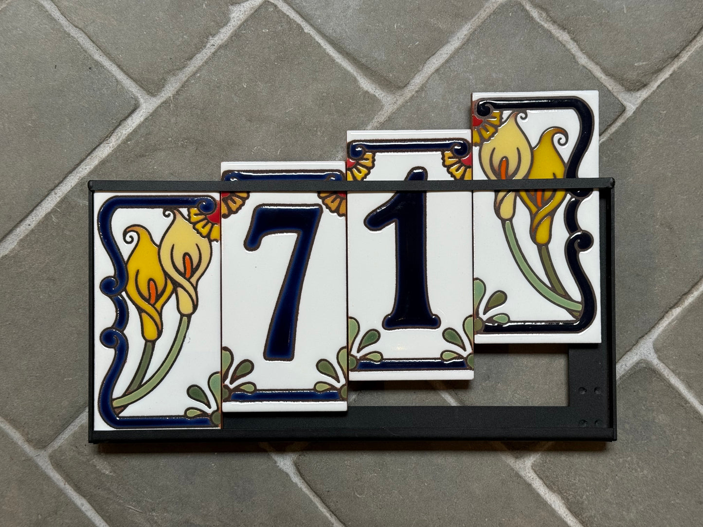 Custom Tile House Numbers with Calla Lily End Caps, White Ceramic Background, and Blue Numbers