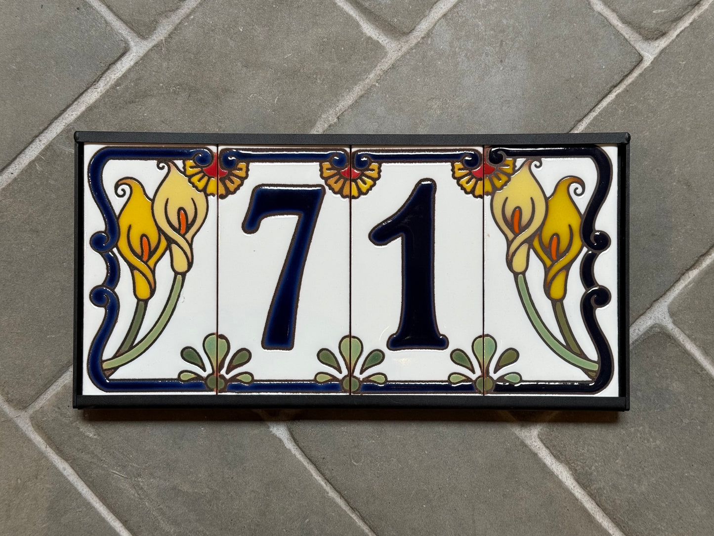 Custom Tile House Numbers with Calla Lily End Caps, White Ceramic Background, and Blue Numbers