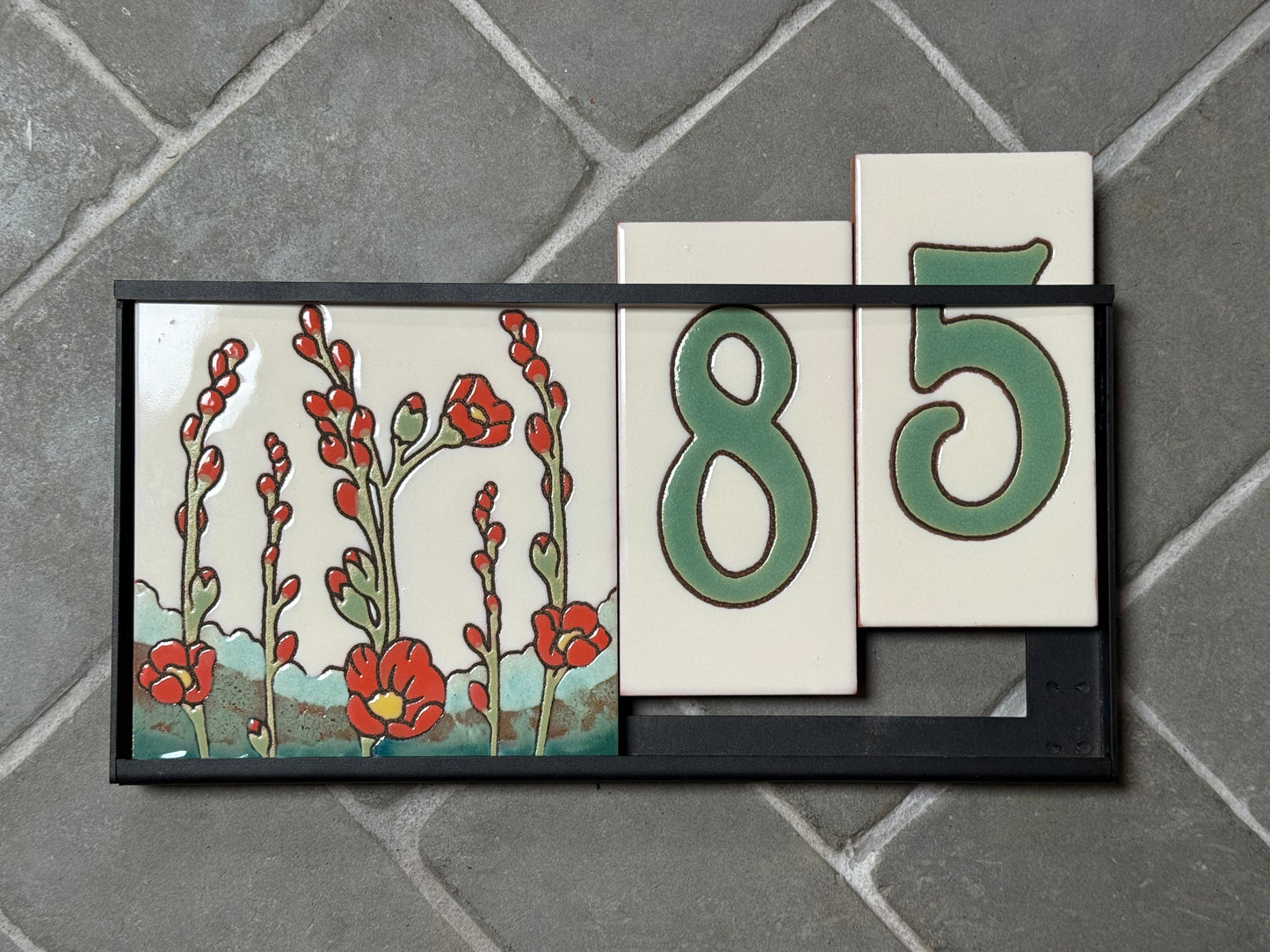 6" Desert Wildflower Tile Address Sign | Green Numbers on Warm White | Loose Number Tiles and Drop-In Frame
