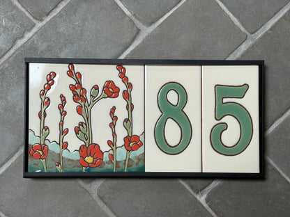 6" Desert Wildflower Tile Address Sign | Green Numbers on Warm White | Loose Number Tiles and Drop-In Frame