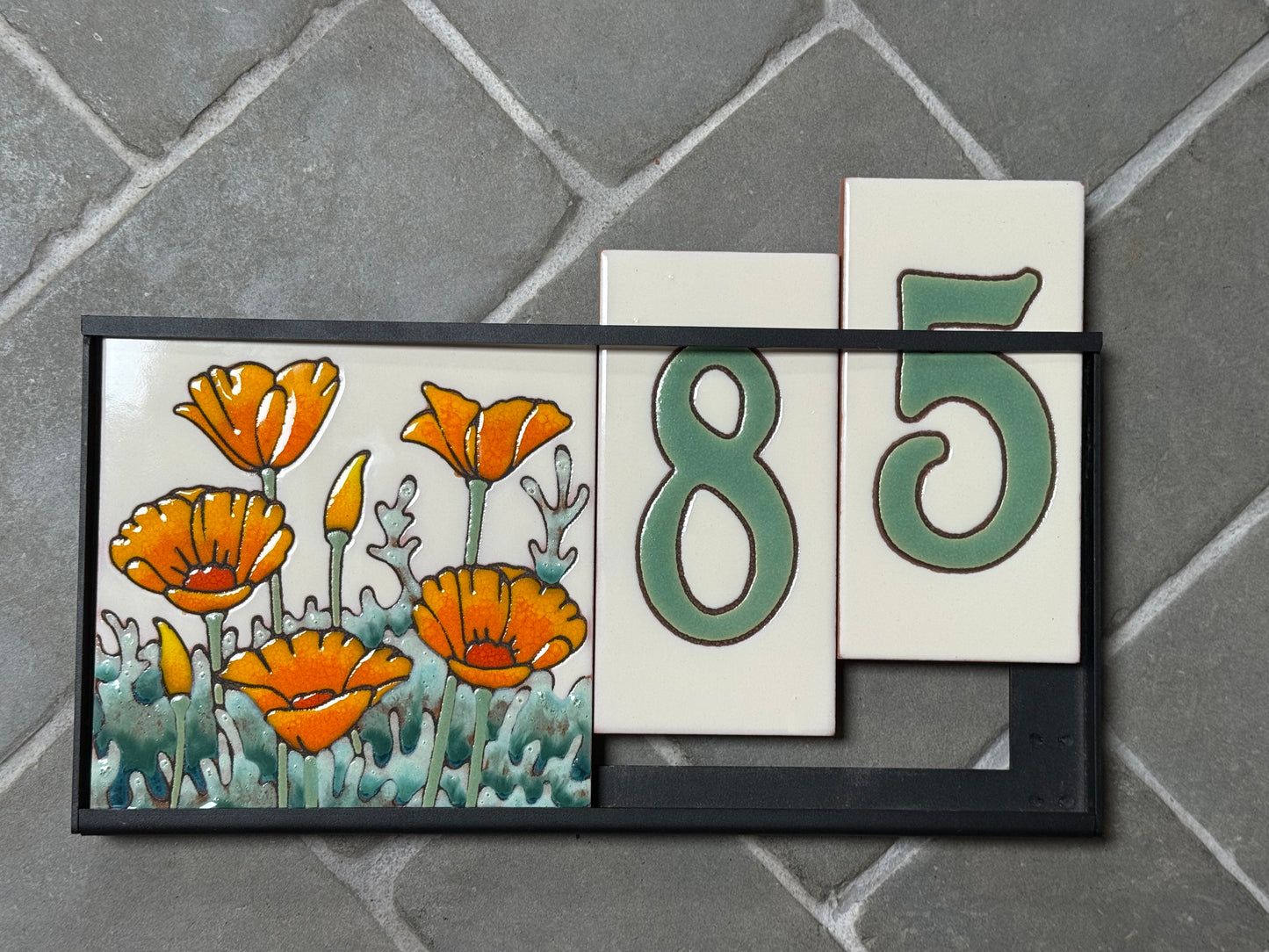 6" Desert Wildflower Tile Address Sign | Green Numbers on Warm White | Loose Number Tiles and Drop-In Frame