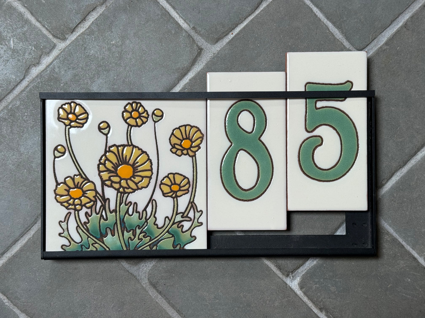 6" Desert Wildflower Tile Address Sign | Green Numbers on Warm White | Loose Number Tiles and Drop-In Frame