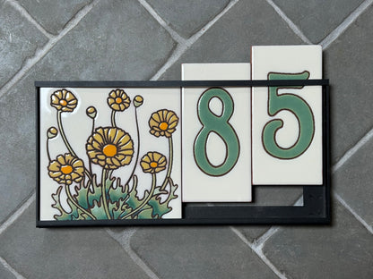 6" Desert Wildflower Tile Address Sign | Green Numbers on Warm White | Loose Number Tiles and Drop-In Frame