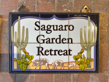 Custom Tile House Sign: 18" Wide by 12" Tall Framed Sign with Personalized Text - Choice of Javelinas, Quail or Roadrunner