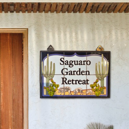 Custom Desert Tile House Sign: Framed w/ Personalized Text & Javelinas 18" wide by 12" tall | Artist Made - Hand Glazed Tile | Weatherproof