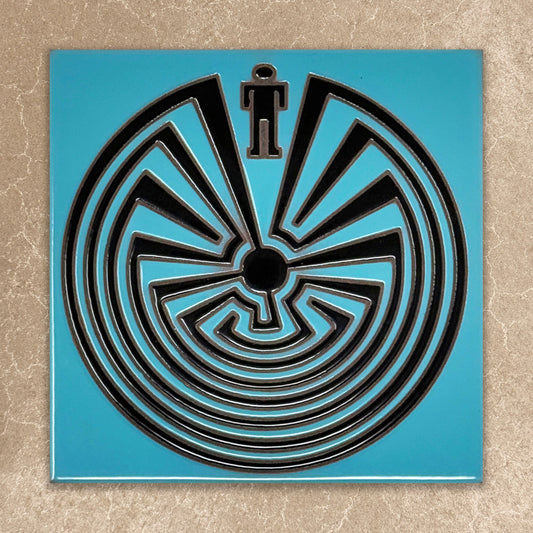 Black labyrinth design on a blue square background