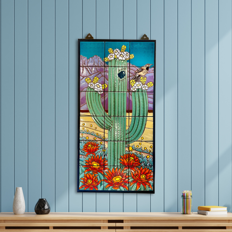 Saguaro with Cactus Wren - Desert Scene Tile Mural 18"x36"