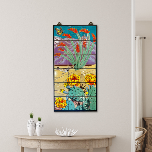 Ocotillo with Roadrunner - Desert Scene Tile Mural 18"x36"