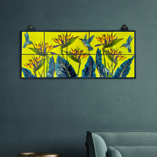 Birds of paradise tropical tile wall art framed