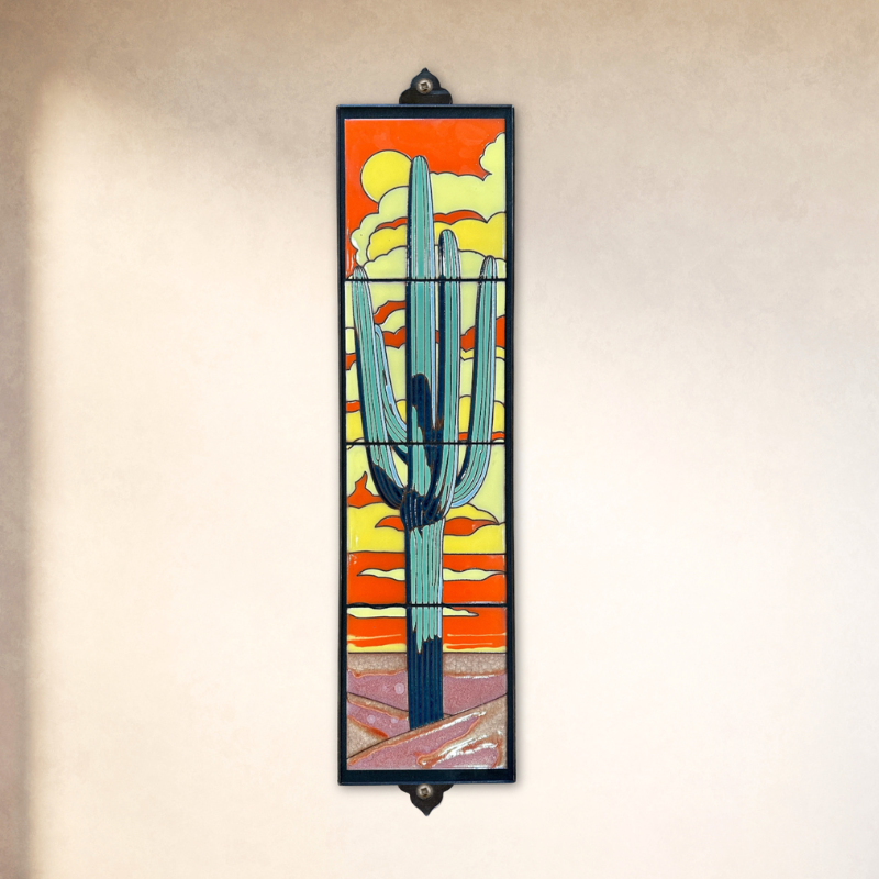 saguaro ceramic tile wall art on beige wall