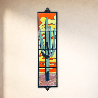 saguaro ceramic tile wall art on beige wall