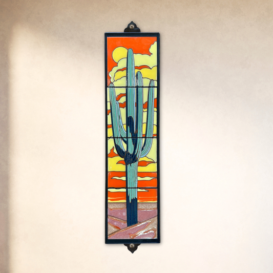 saguaro ceramic tile wall art on beige wall