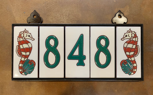 Custom Tile House Numbers with Seahorse End Caps, Off White Background and Jade Numbers