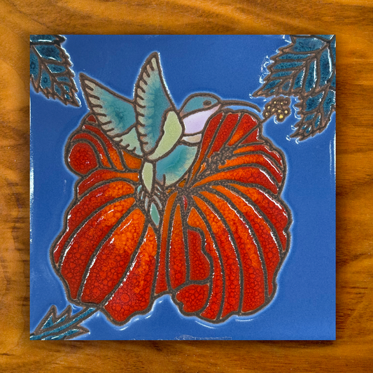 hummingbird and red flower ceramic tile