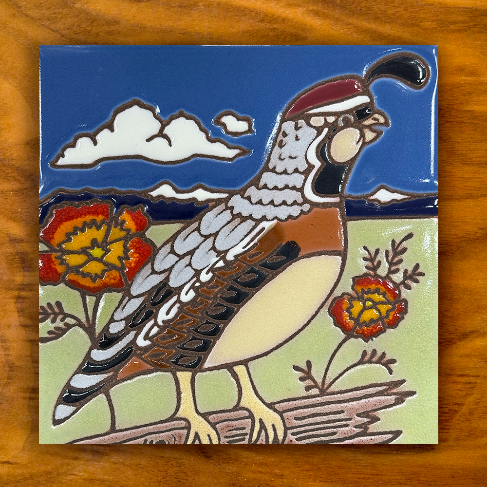 quail and poppies ceramic tile