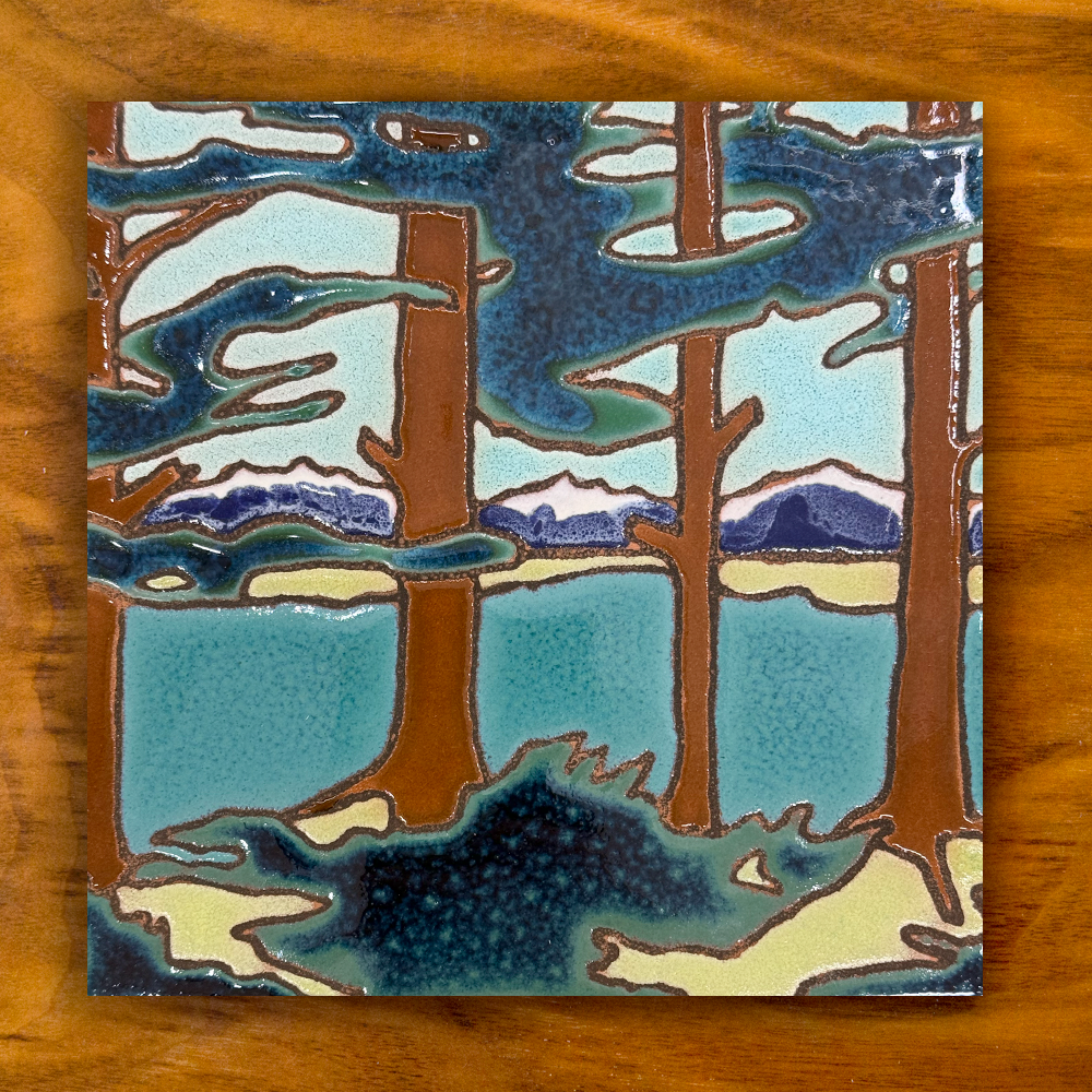 Forest and lake with mountains ceramic tile