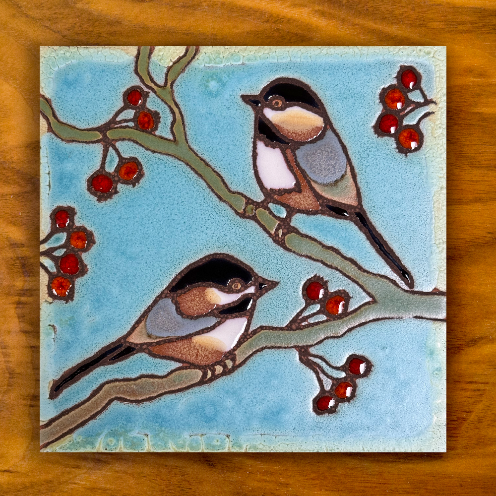 chickadees ceramic art tile
