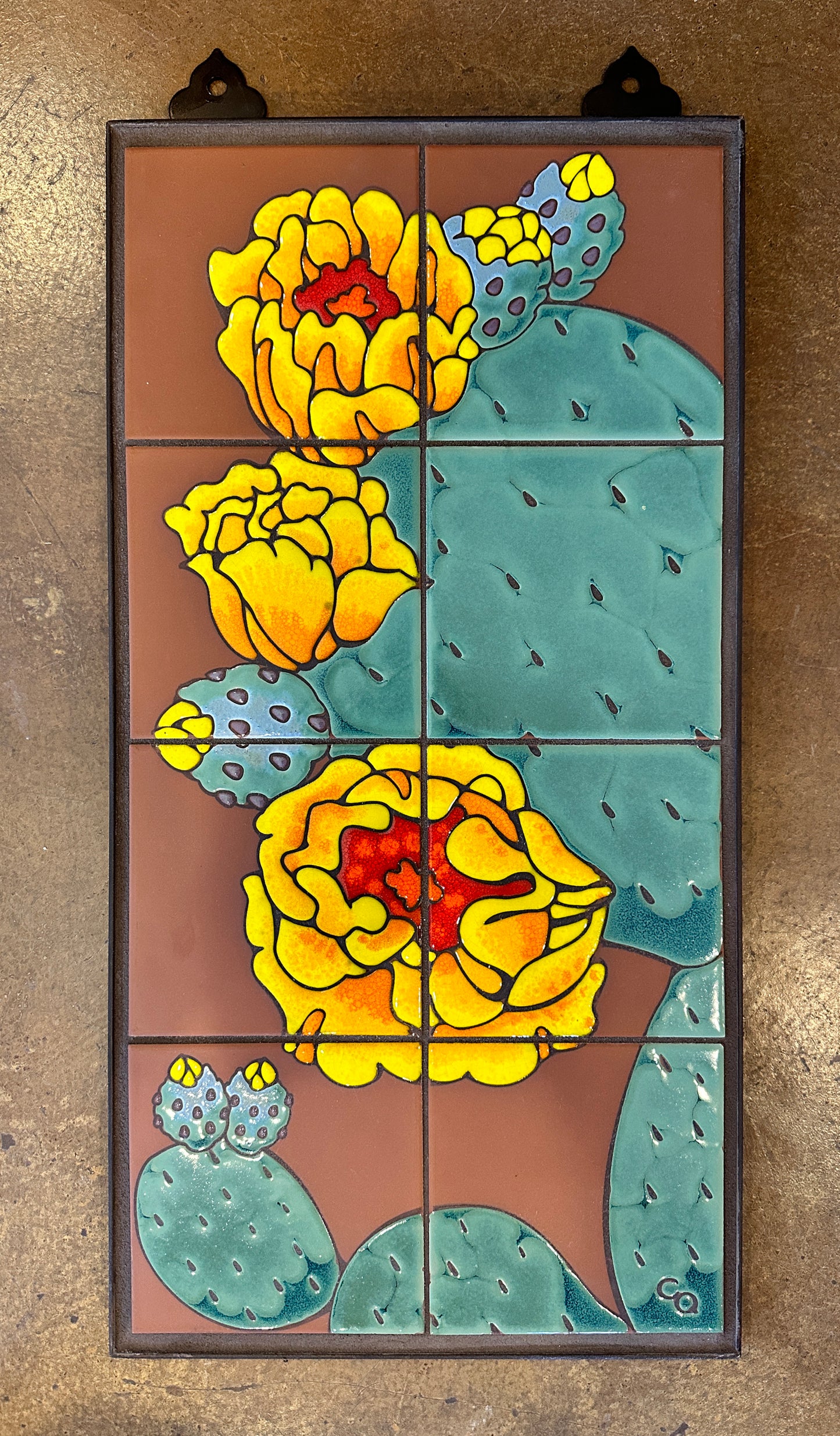 Prickly Pear on Terra Cotta, Emerald or Dark Blue, 12x24 Tile Mural