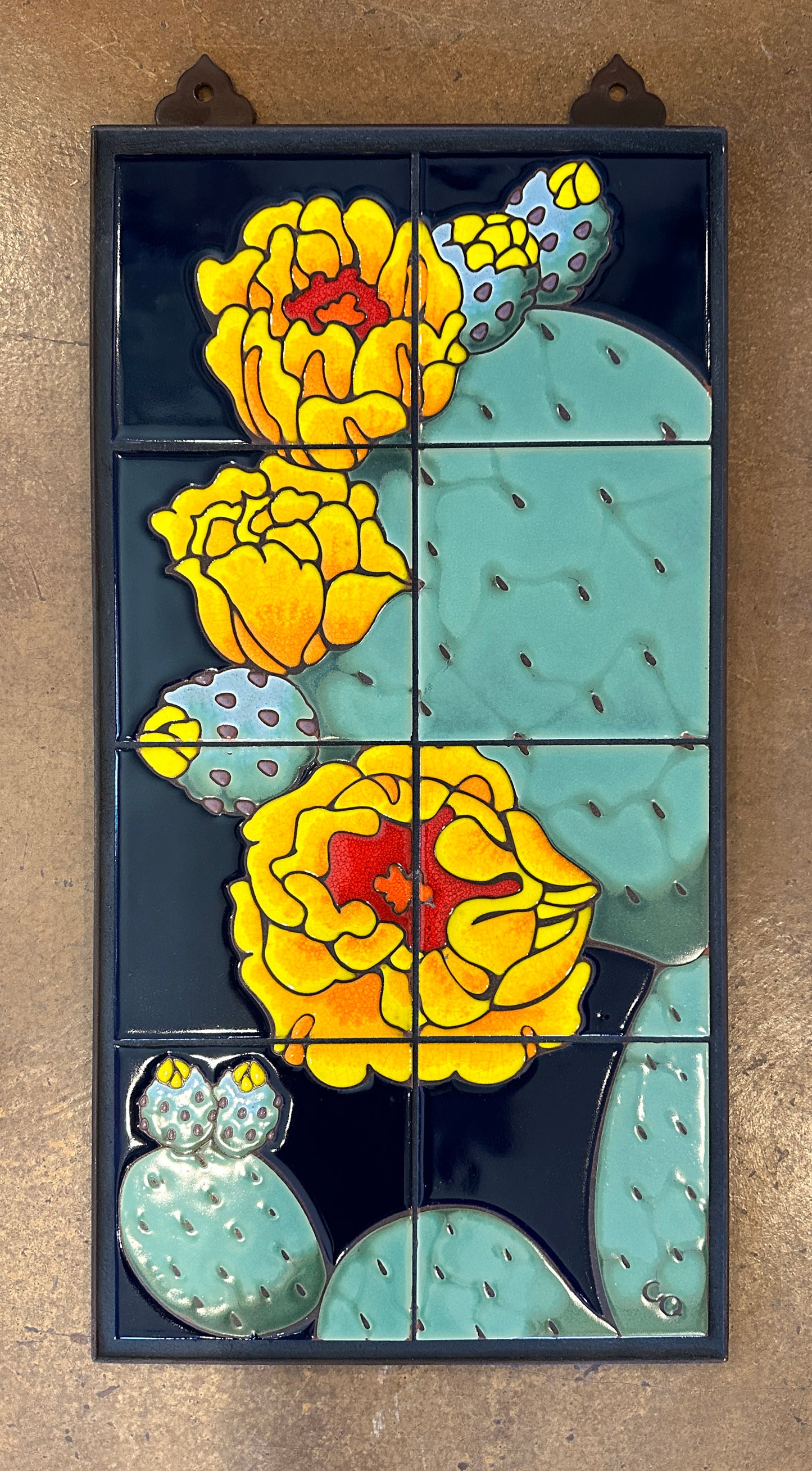 Prickly Pear on Terra Cotta, Emerald or Dark Blue, 12x24 Tile Mural