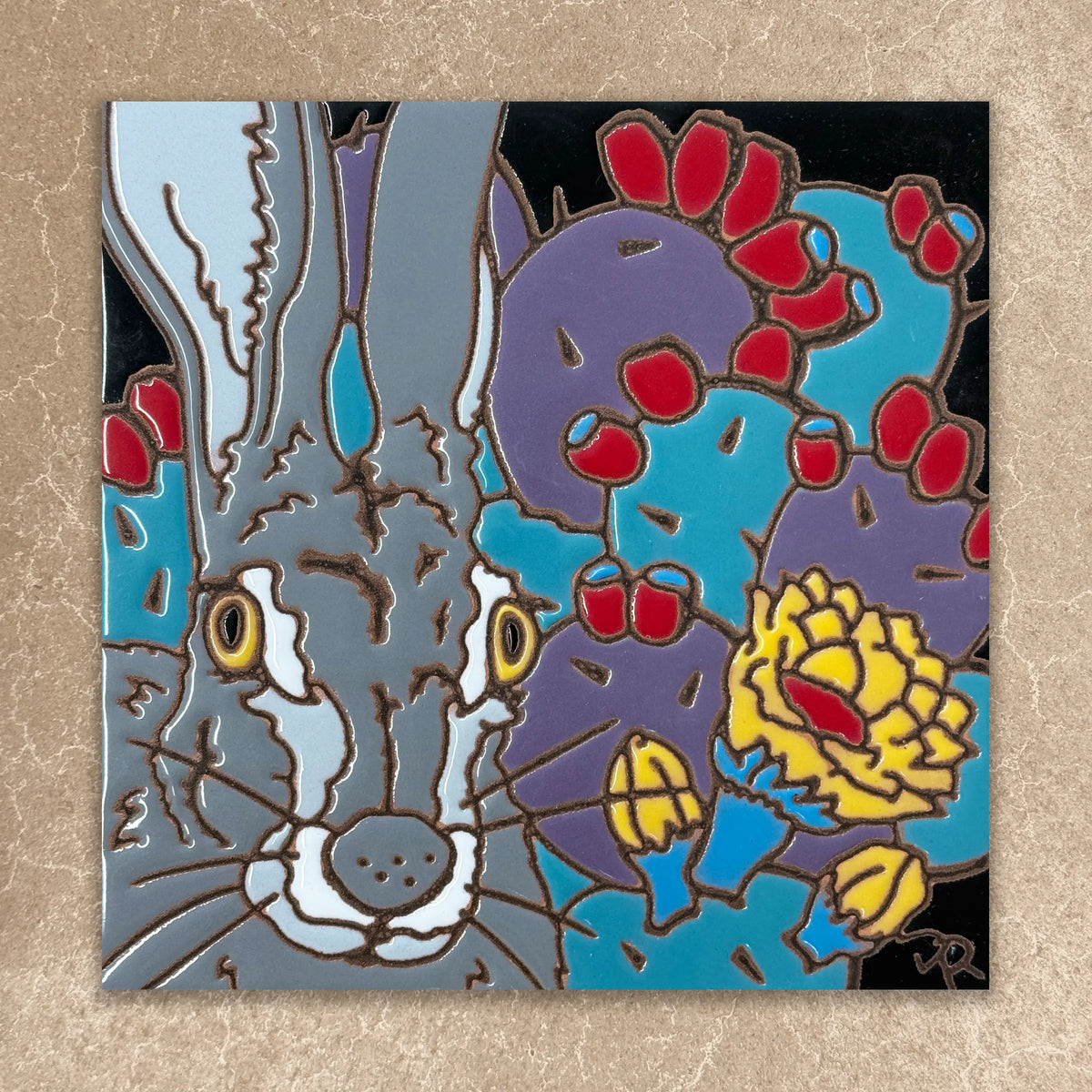 Colorful abstract art piece with animal-like figures on a textured beige background