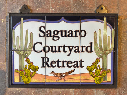 Custom Tile House Sign: 18" Wide by 12" Tall Framed Sign with Personalized Text - Choice of Javelinas, Quail or Roadrunner