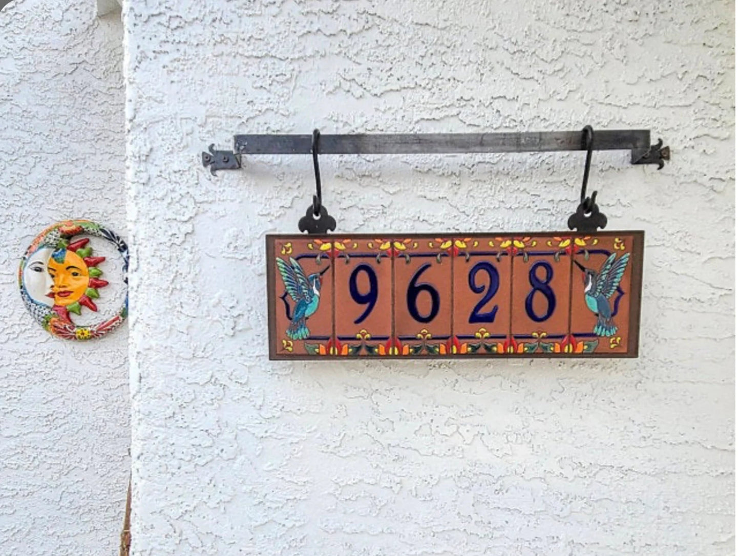 Framed House Number Set with Hummingbird End Caps, Terra Cotta Background, and Royal Blue Numbers