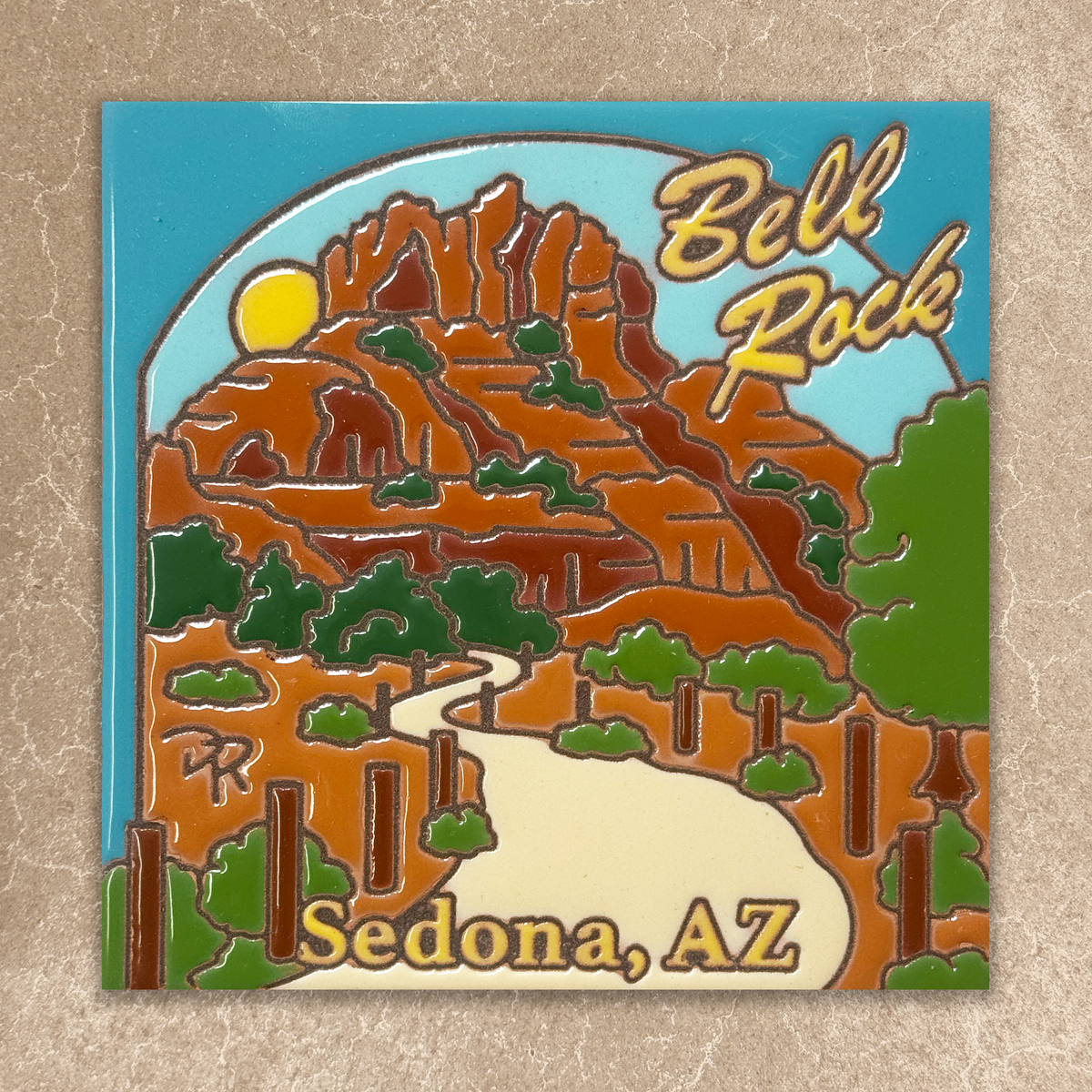 ceramic tile with Bell Rock and Sedona, AZ design on a beige background
