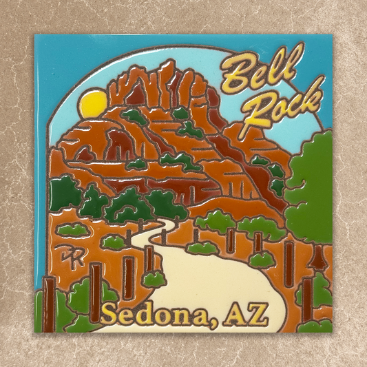 ceramic tile with Bell Rock and Sedona, AZ design on a beige background