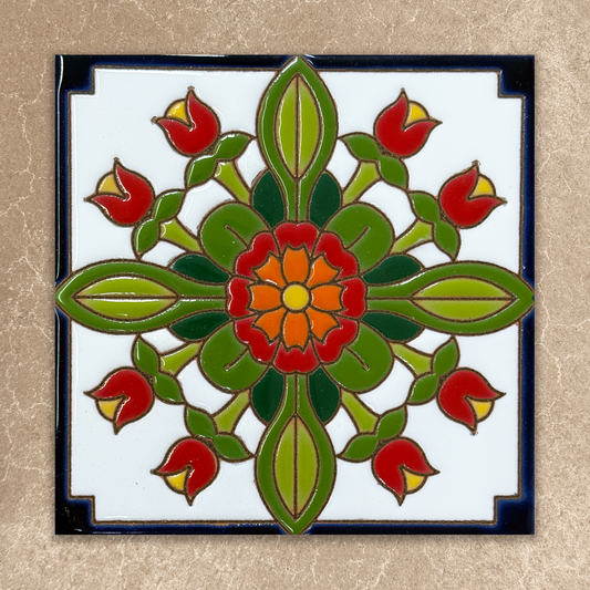 Decorative tile with a colorful floral design on a beige background