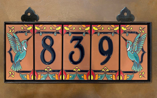 Custom Tile House Numbers with Hummingbird End Caps, Terra Cotta Background, and Royal Blue Numbers