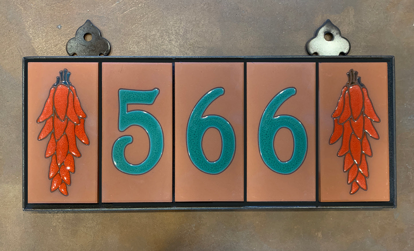 Custom Tile House Numbers with Chili End Caps, Terra Cotta Background, and Jade Numbers