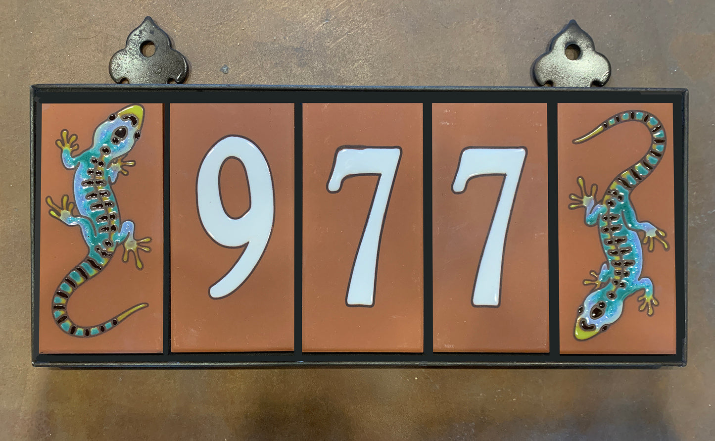 Custom Tile House Numbers with Gecko End Caps, Terra Cotta Background and White Numbers